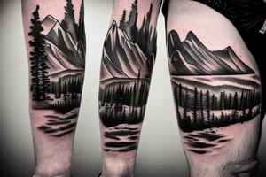generate a forearm tattoo idea with mountains and a cowboy sitting on a horse tattoo idea