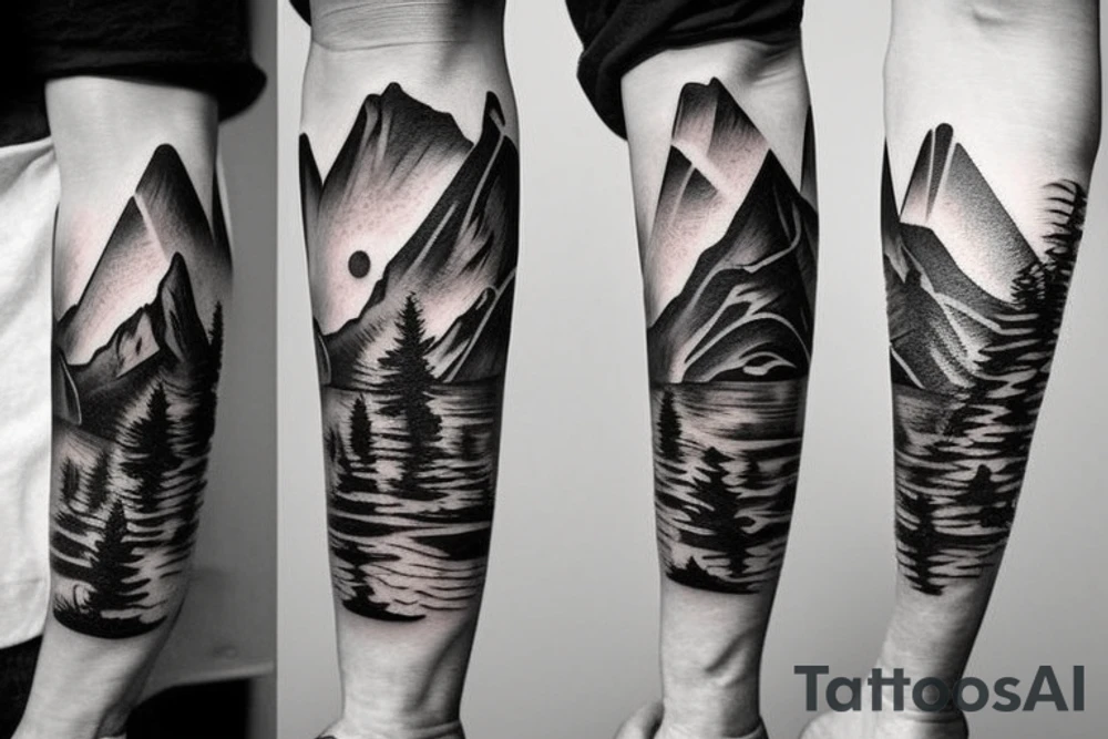 generate a forearm tattoo idea with mountains and a cowboy sitting on a horse tattoo idea