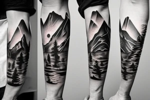 generate a forearm tattoo idea with mountains and a cowboy sitting on a horse tattoo idea
