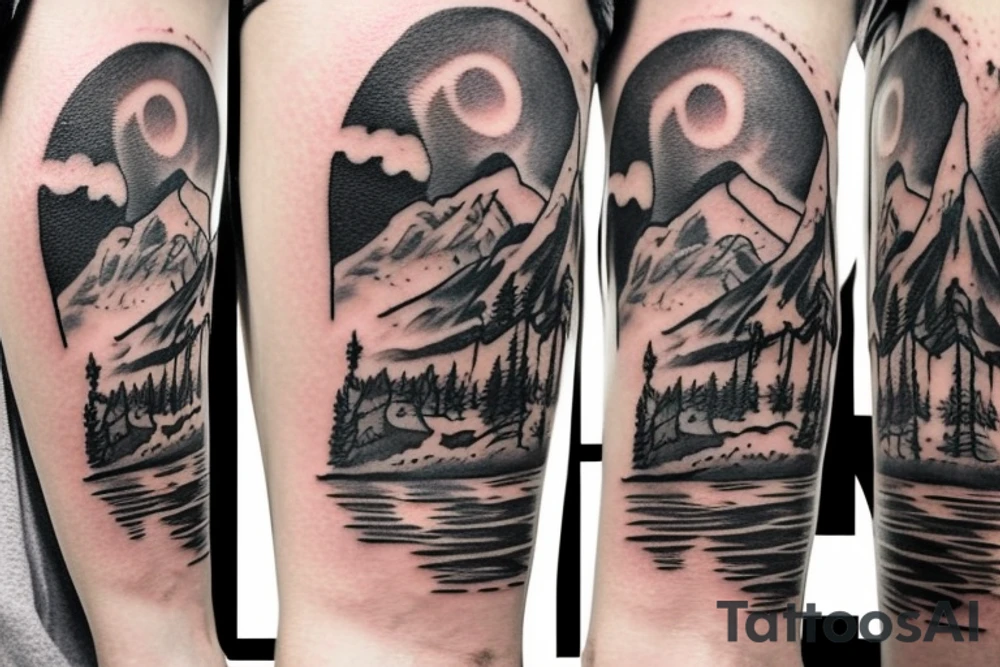 generate a tattoo idea with mountains and a cowboy sitting on a horse tattoo idea