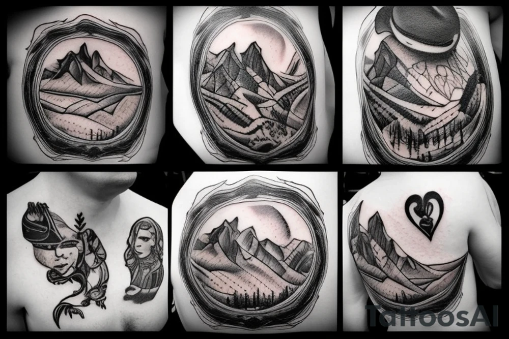 generate a tattoo idea with mountains and a cowboy sitting on a horse tattoo idea