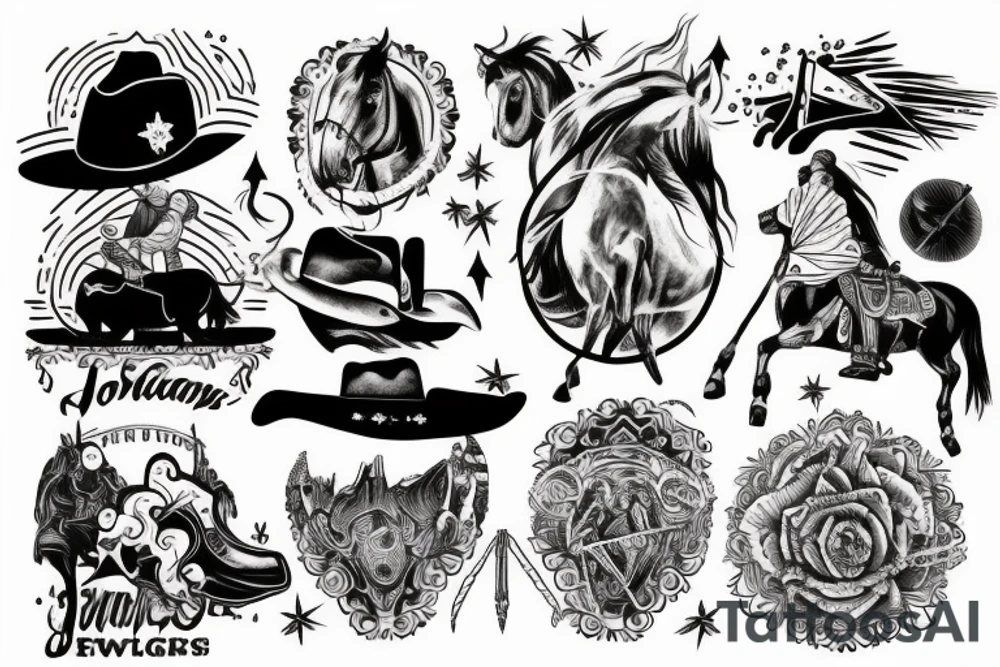 generate a tattoo idea with mountains and a cowboy sitting on a horse tattoo idea