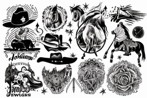 generate a tattoo idea with mountains and a cowboy sitting on a horse tattoo idea