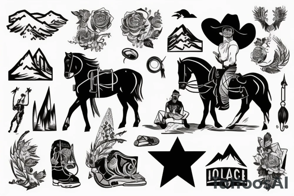 generate a tattoo idea with mountains and a cowboy sitting on a horse tattoo idea
