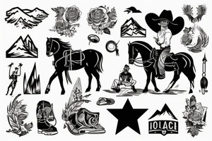 generate a tattoo idea with mountains and a cowboy sitting on a horse tattoo idea