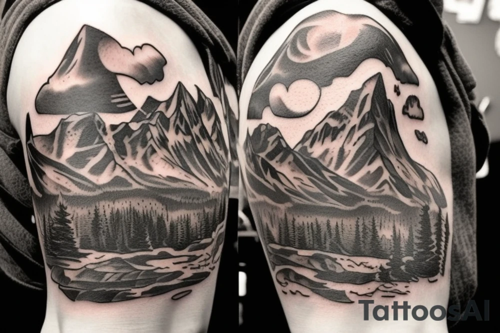 generate a tattoo idea with mountains and a cowboy sitting on a horse tattoo idea