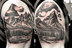 generate a tattoo idea with mountains and a cowboy sitting on a horse tattoo idea