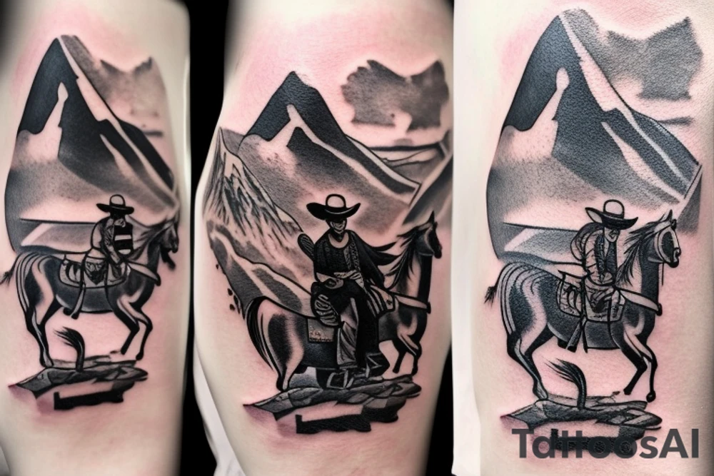 generate a tattoo idea with mountains and a cowboy sitting on a horse tattoo idea