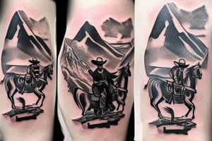 generate a tattoo idea with mountains and a cowboy sitting on a horse tattoo idea