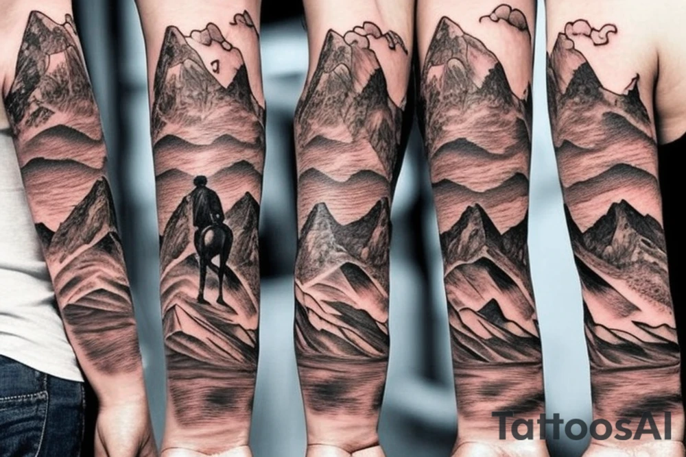 generate a tattoo idea with mountains and a cowboy sitting on a horse tattoo idea