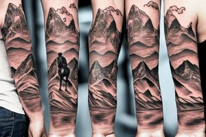 generate a tattoo idea with mountains and a cowboy sitting on a horse tattoo idea