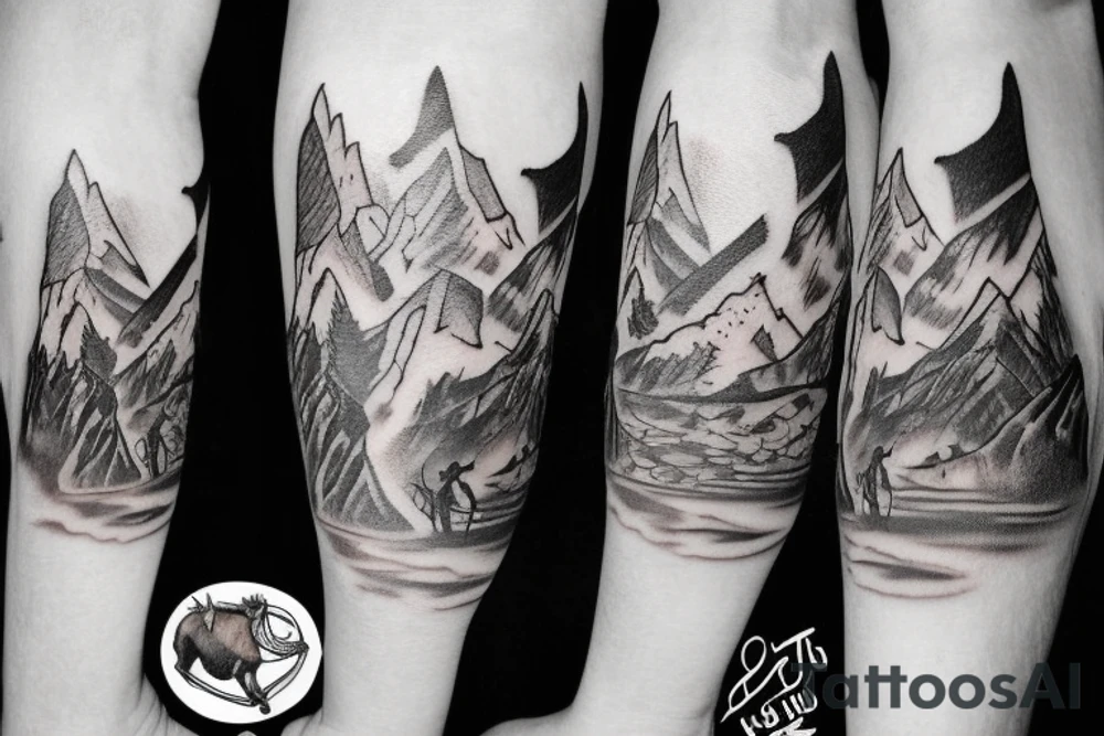generate a tattoo idea with mountains and a cowboy sitting on a horse tattoo idea