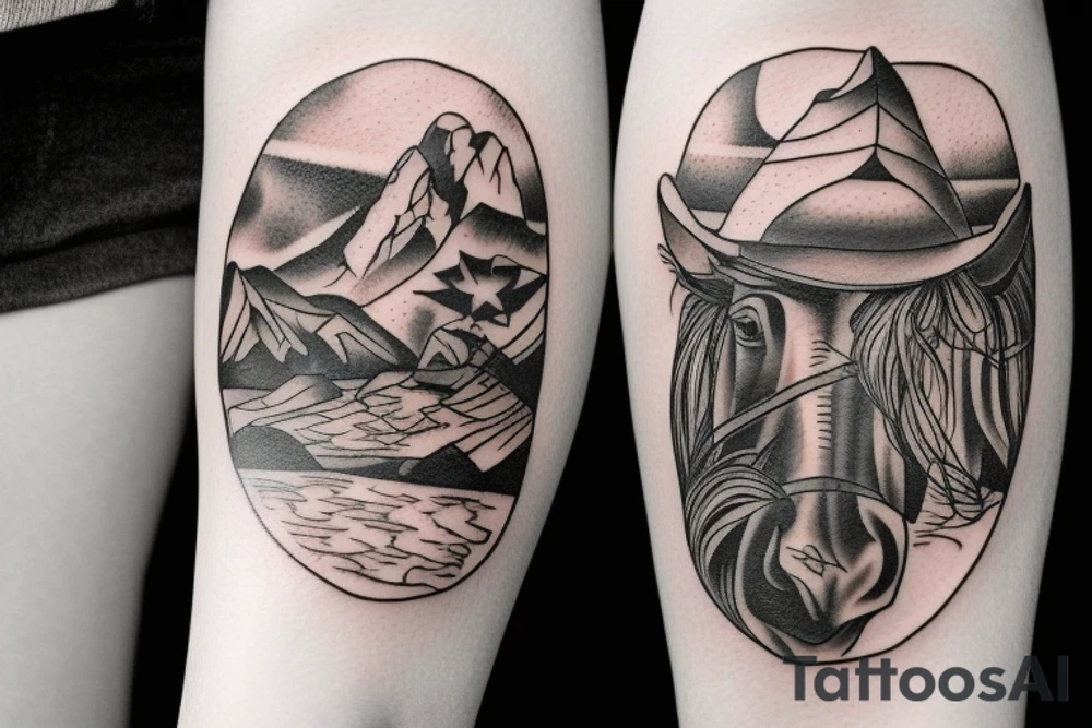 generate a tattoo idea with mountains and a cowboy sitting on a horse tattoo idea