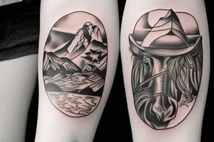 generate a tattoo idea with mountains and a cowboy sitting on a horse tattoo idea