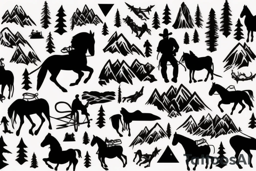 generate a tattoo idea with mountains and a cowboy sitting on a horse tattoo idea