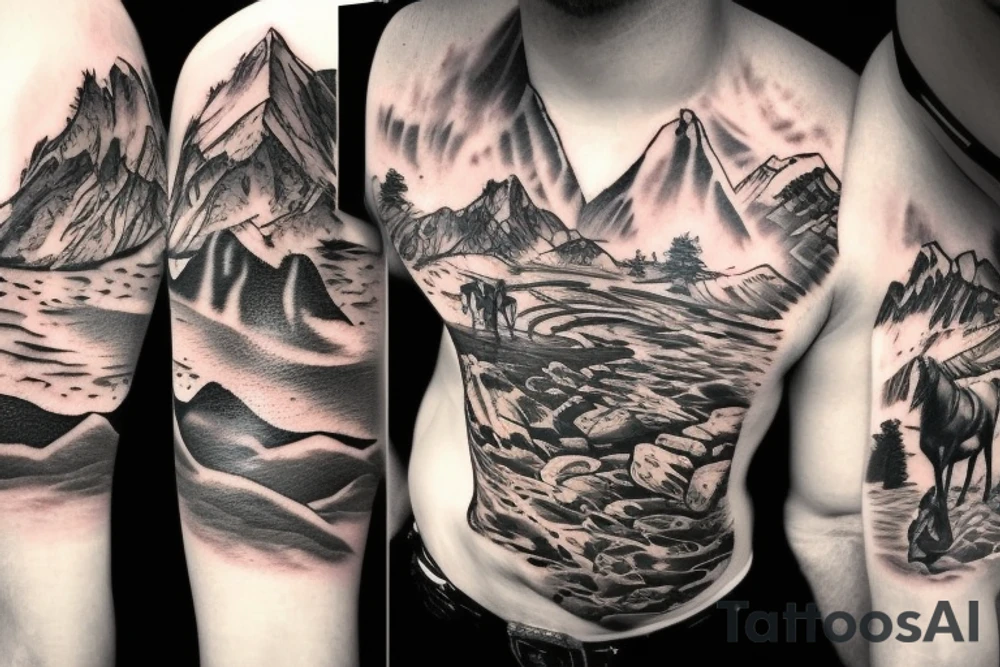 generate a tattoo idea with mountains and a cowboy sitting on a horse tattoo idea