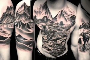 generate a tattoo idea with mountains and a cowboy sitting on a horse tattoo idea