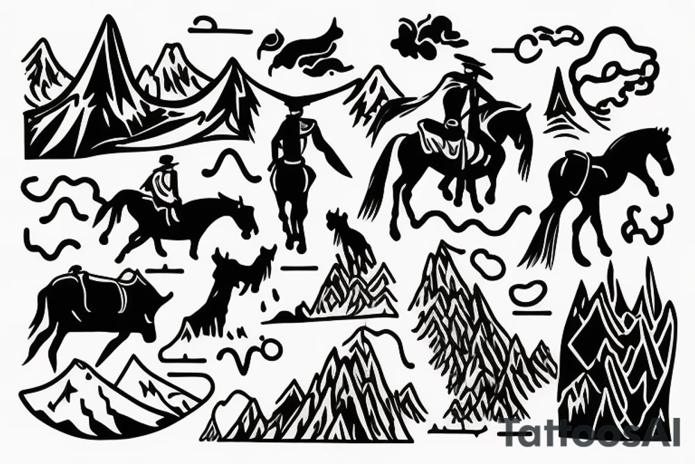 generate a tattoo idea with mountains and a cowboy sitting on a horse. Sharp Corners tattoo idea