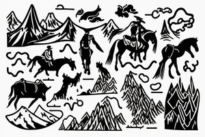 generate a tattoo idea with mountains and a cowboy sitting on a horse. Sharp Corners tattoo idea