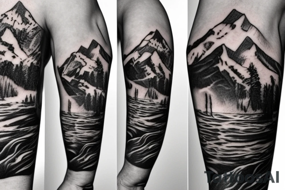generate a tattoo idea with mountains and a cowboy sitting on a horse. Sharp Corners tattoo idea
