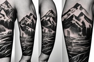 generate a tattoo idea with mountains and a cowboy sitting on a horse. Sharp Corners tattoo idea
