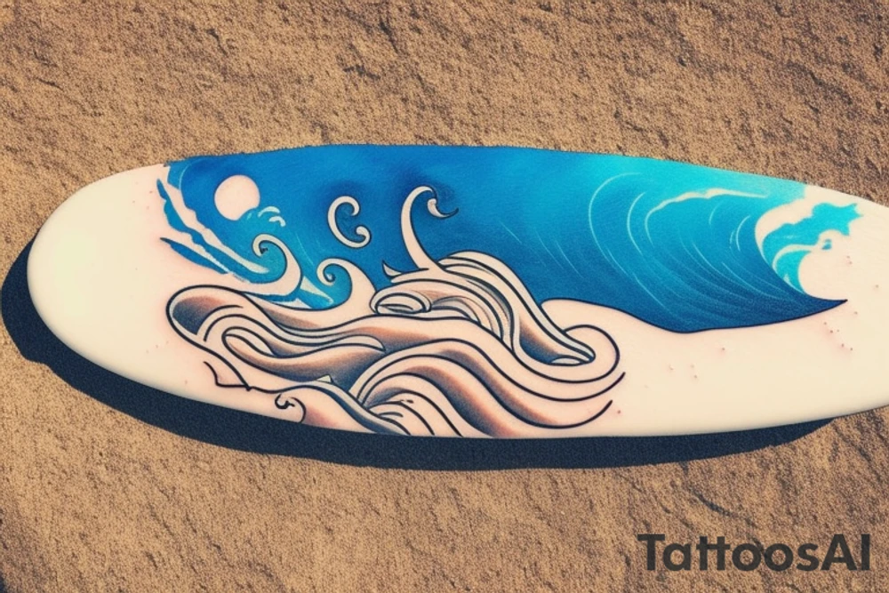 A small wave tattoo with a surfboard resting on top of it is a classic design that represents the fun and adventurous spirit of surfing. This design can symbolize the shared love of the ocean and surfing that you and your brothers share. It can also serve as a reminder of the times you spent together riding the waves and enjoying the beach. tattoo idea