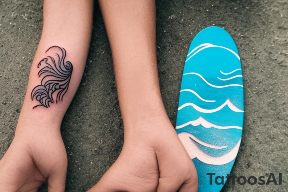 A small wave tattoo with a surfboard resting on top of it is a classic design that represents the fun and adventurous spirit of surfing. This design can symbolize the shared love of the ocean and surfing that you and your brothers share. It can also serve as a reminder of the times you spent together riding the waves and enjoying the beach. tattoo idea