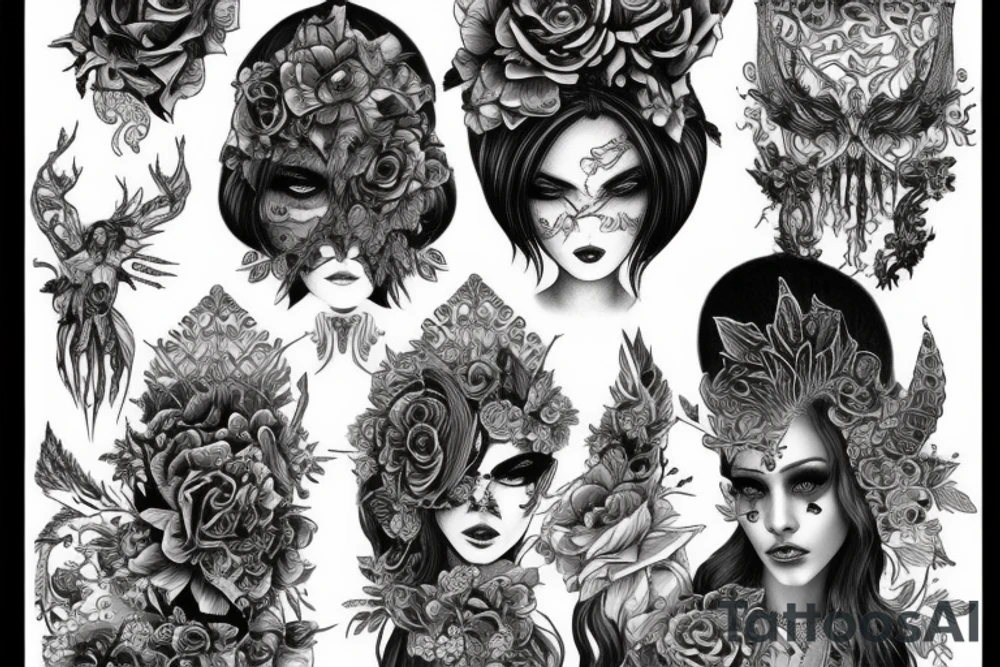 Demonic girl intense intricate elaborate expanded gorgeous stoic fierce  lament tattoo idea