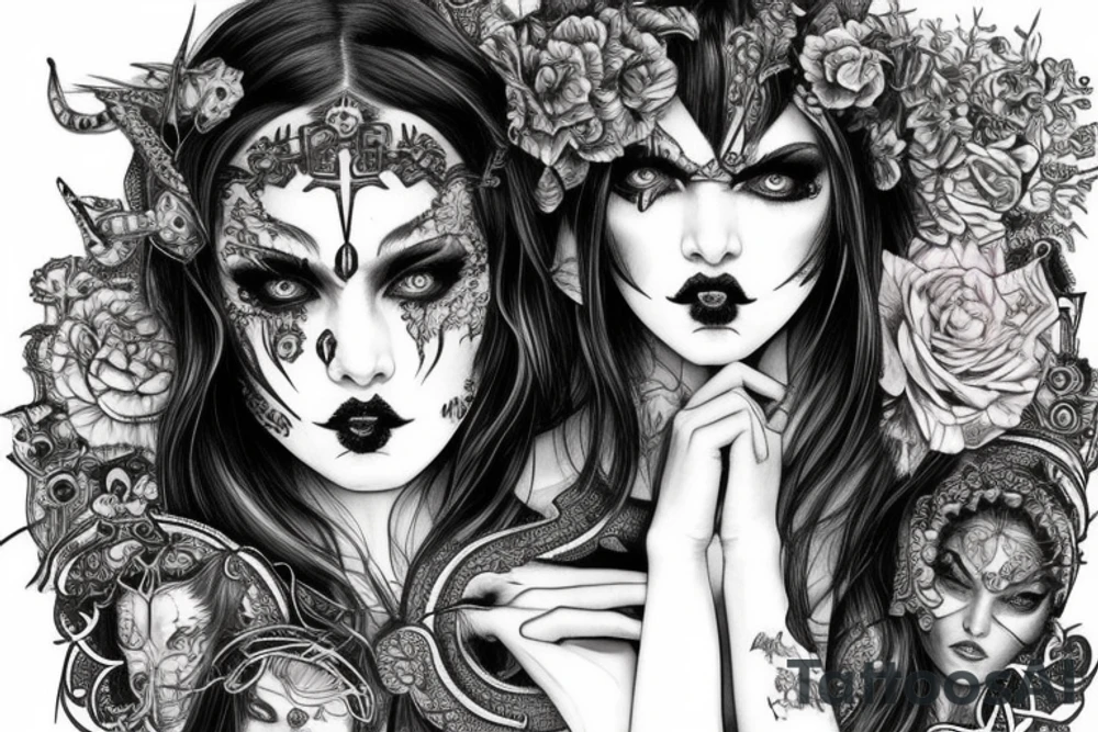 Demonic girl intense intricate elaborate expanded gorgeous stoic fierce  lament tattoo idea