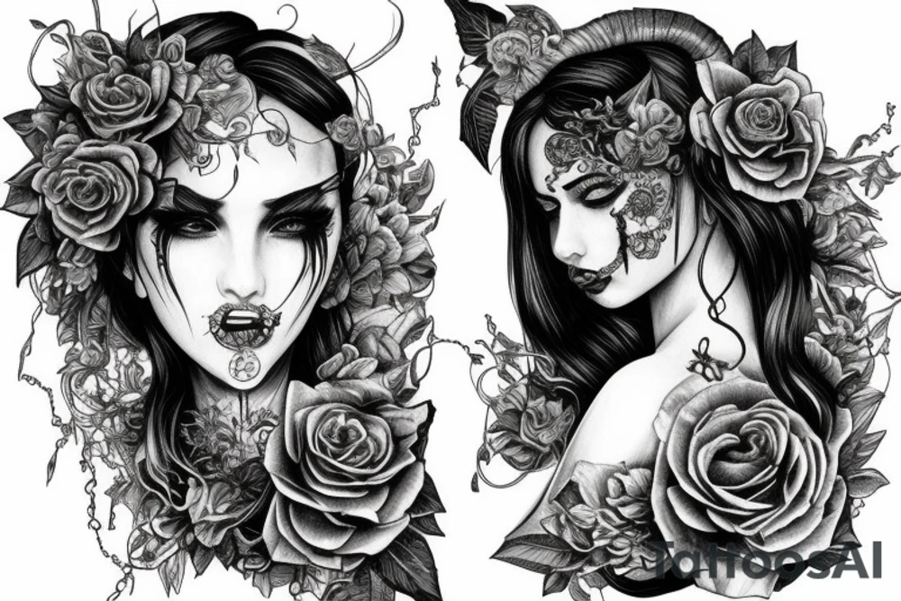 Demonic girl intense intricate elaborate expanded gorgeous stoic fierce  lament tattoo idea