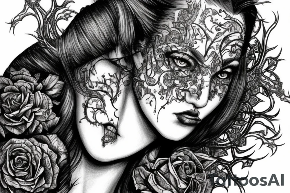 Demonic girl intense intricate elaborate expanded gorgeous stoic fierce  lament tattoo idea