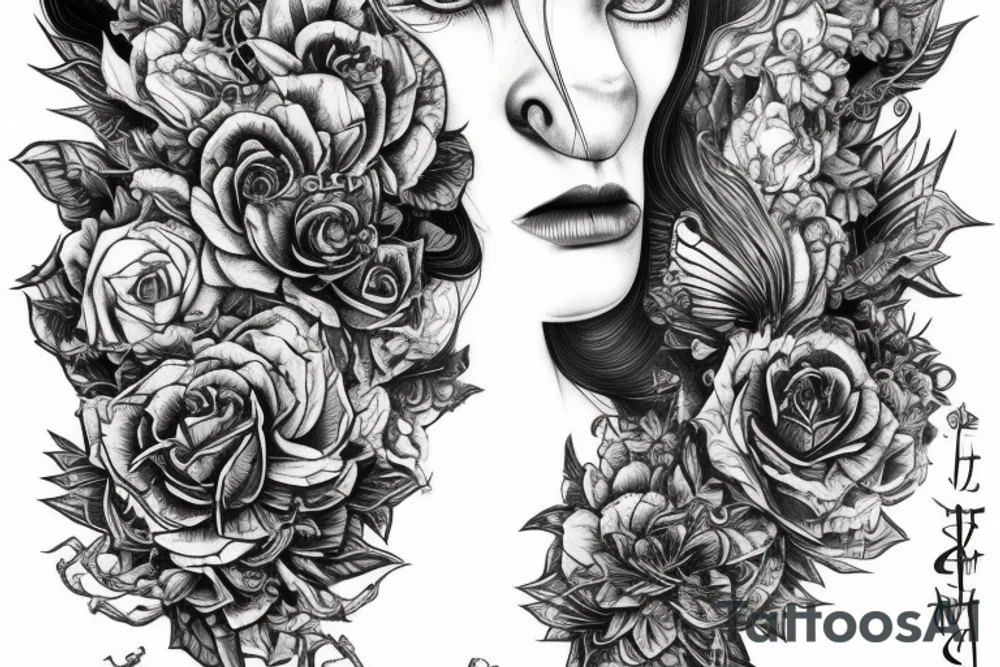 Demonic girl intense intricate elaborate expanded gorgeous stoic fierce  lament tattoo idea