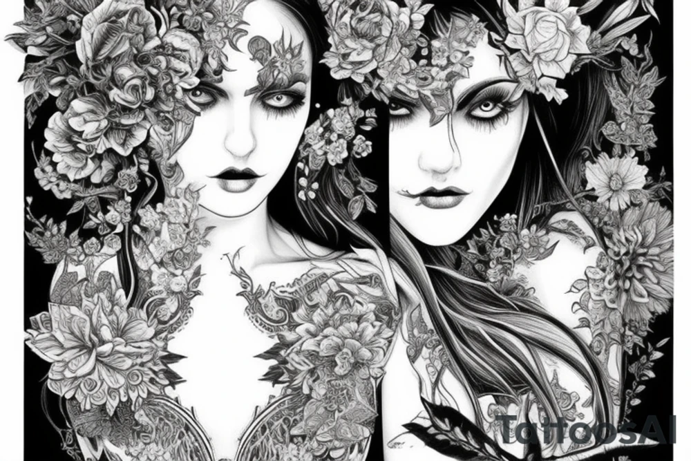 Demonic girl intense intricate elaborate expanded gorgeous stoic fierce  lament tattoo idea