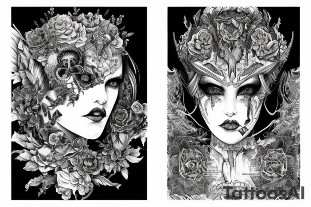 Demonic girl intense intricate elaborate expanded gorgeous stoic fierce  lament tattoo idea