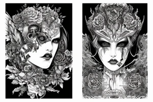 Demonic girl intense intricate elaborate expanded gorgeous stoic fierce  lament tattoo idea