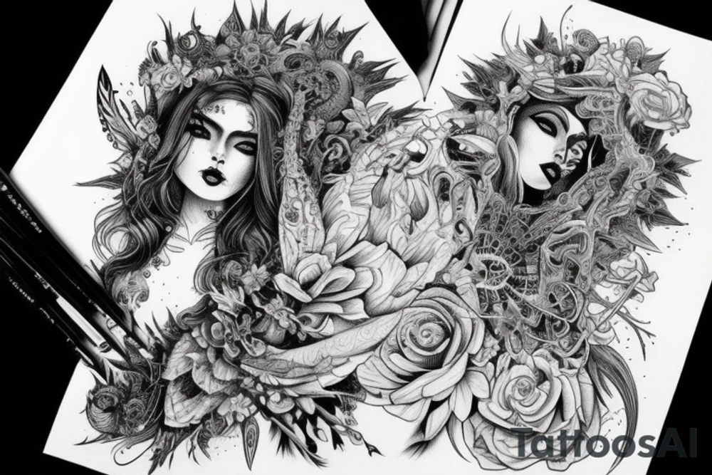 Demonic girl intense intricate elaborate expanded gorgeous stoic fierce  lament tattoo idea
