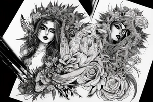 Demonic girl intense intricate elaborate expanded gorgeous stoic fierce  lament tattoo idea