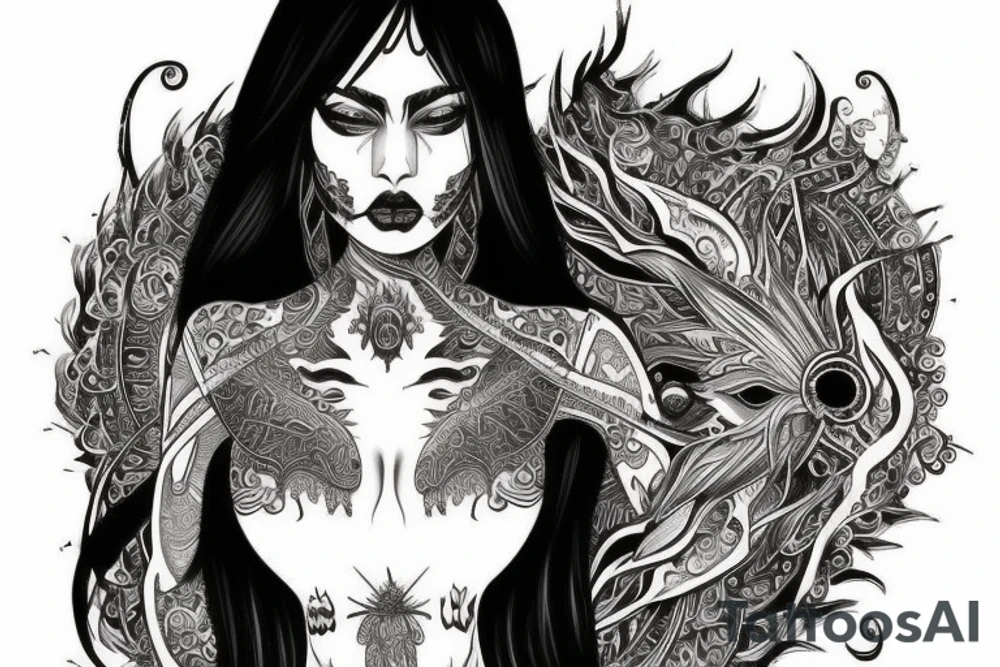 Demonic girl intense intricate elaborate expanded gorgeous stoic fierce  lament tattoo idea
