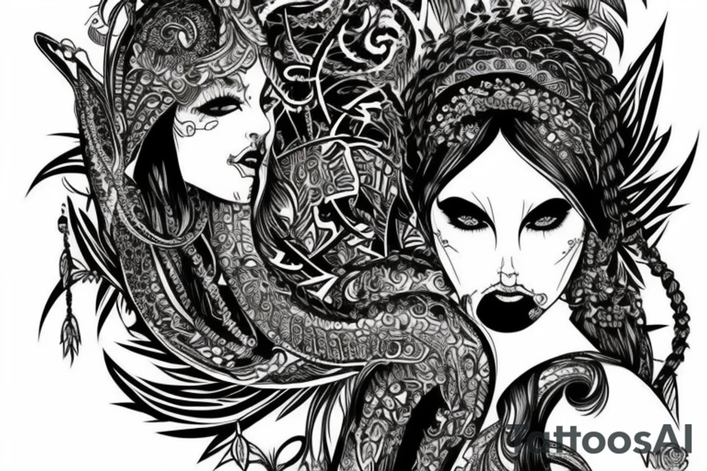 Demonic girl intense intricate elaborate expanded gorgeous stoic fierce  lament tattoo idea