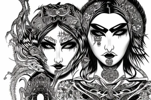 Demonic girl intense intricate elaborate expanded gorgeous stoic fierce  lament tattoo idea