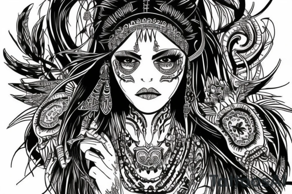 Demonic girl intense intricate elaborate expanded gorgeous stoic fierce  lament tattoo idea