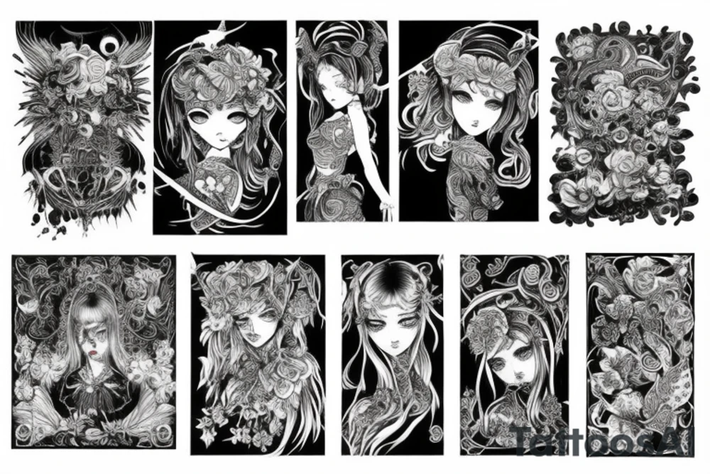 Demonic girl intense intricate elaborate expanded gorgeous stoic fierce  lament tattoo idea