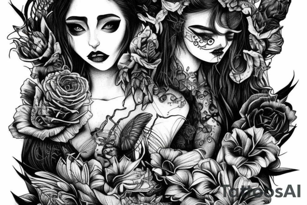 Demonic girl intense intricate elaborate expanded gorgeous stoic fierce  lament tattoo idea