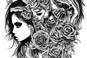 Demonic girl intense intricate elaborate expanded gorgeous stoic fierce  lament tattoo idea