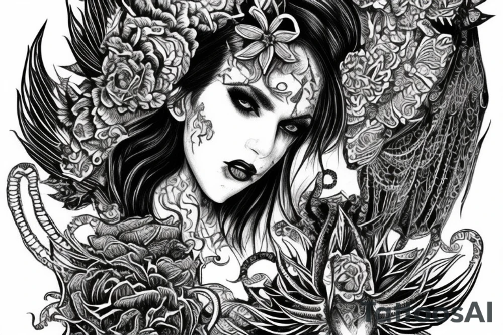 Demonic girl intense intricate elaborate expanded gorgeous stoic fierce  lament tattoo idea
