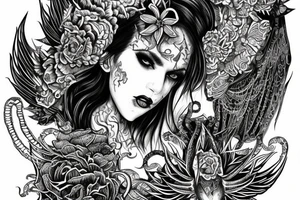 Demonic girl intense intricate elaborate expanded gorgeous stoic fierce  lament tattoo idea