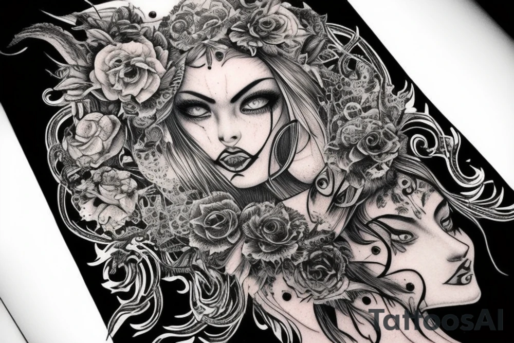 Demonic girl intense intricate elaborate expanded gorgeous stoic fierce wicked smirk tattoo idea