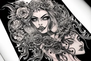 Demonic girl intense intricate elaborate expanded gorgeous stoic fierce wicked smirk tattoo idea