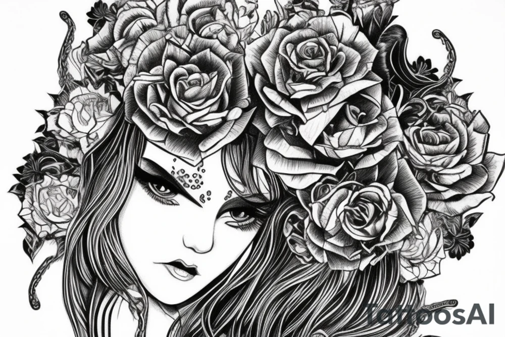 Demonic girl intense intricate elaborate expanded gorgeous stoic fierce wicked smirk tattoo idea
