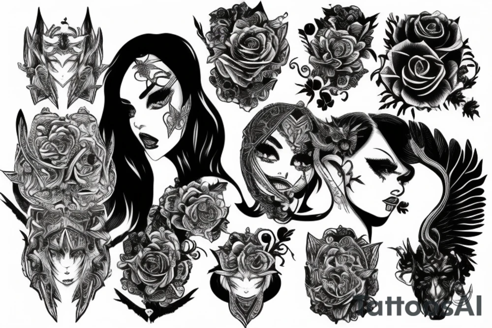 Demonic girl intense intricate elaborate expanded gorgeous stoic fierce wicked smirk tattoo idea